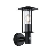 Schwarze Außenwandleuchte aus Metall mit klarem Glas und sichtbarer LED-Glühbirne für Gartenbeleuchtung