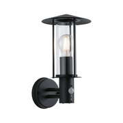 Schwarze Außenwandleuchte aus Metall mit klarem Glas und sichtbarer LED-Glühbirne für Gartenbeleuchtung