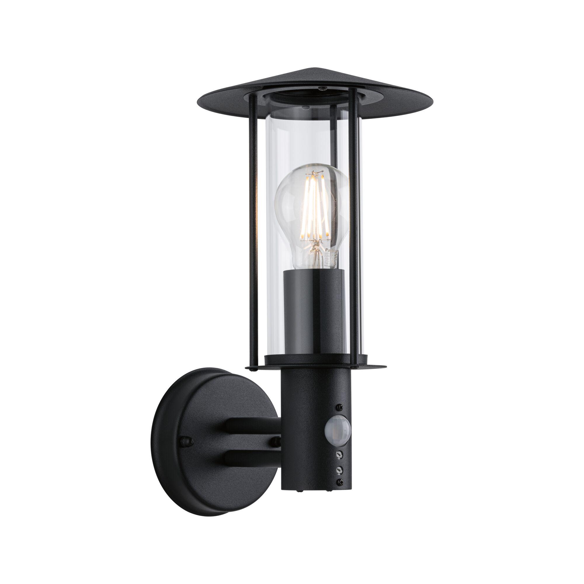 Schwarze Außenwandleuchte aus Metall mit klarem Glas und sichtbarer LED-Glühbirne für Gartenbeleuchtung