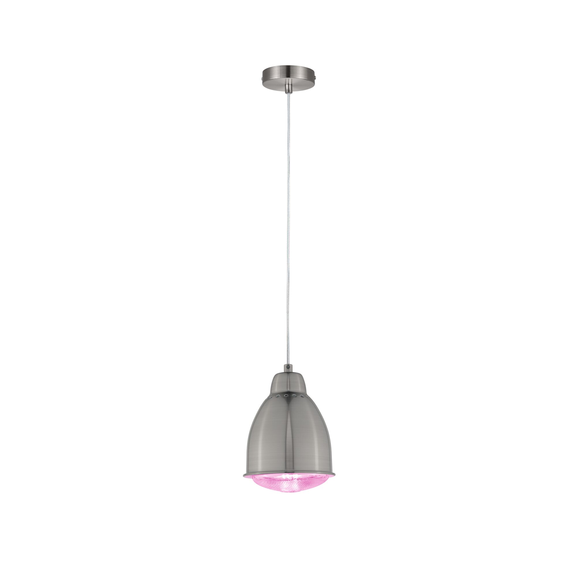 Brushed metal pendant lamp with pink light, ideal for modern interior lighting