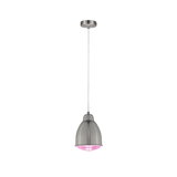 Brushed metal pendant lamp with pink light, ideal for modern interior lighting