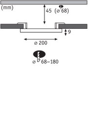 Technical drawing showing dimensions of recessed light with 200 mm diameter and 45 mm depth