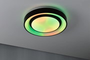 Round ceiling light with black frame and multicolored LED illumination for modern interiors.