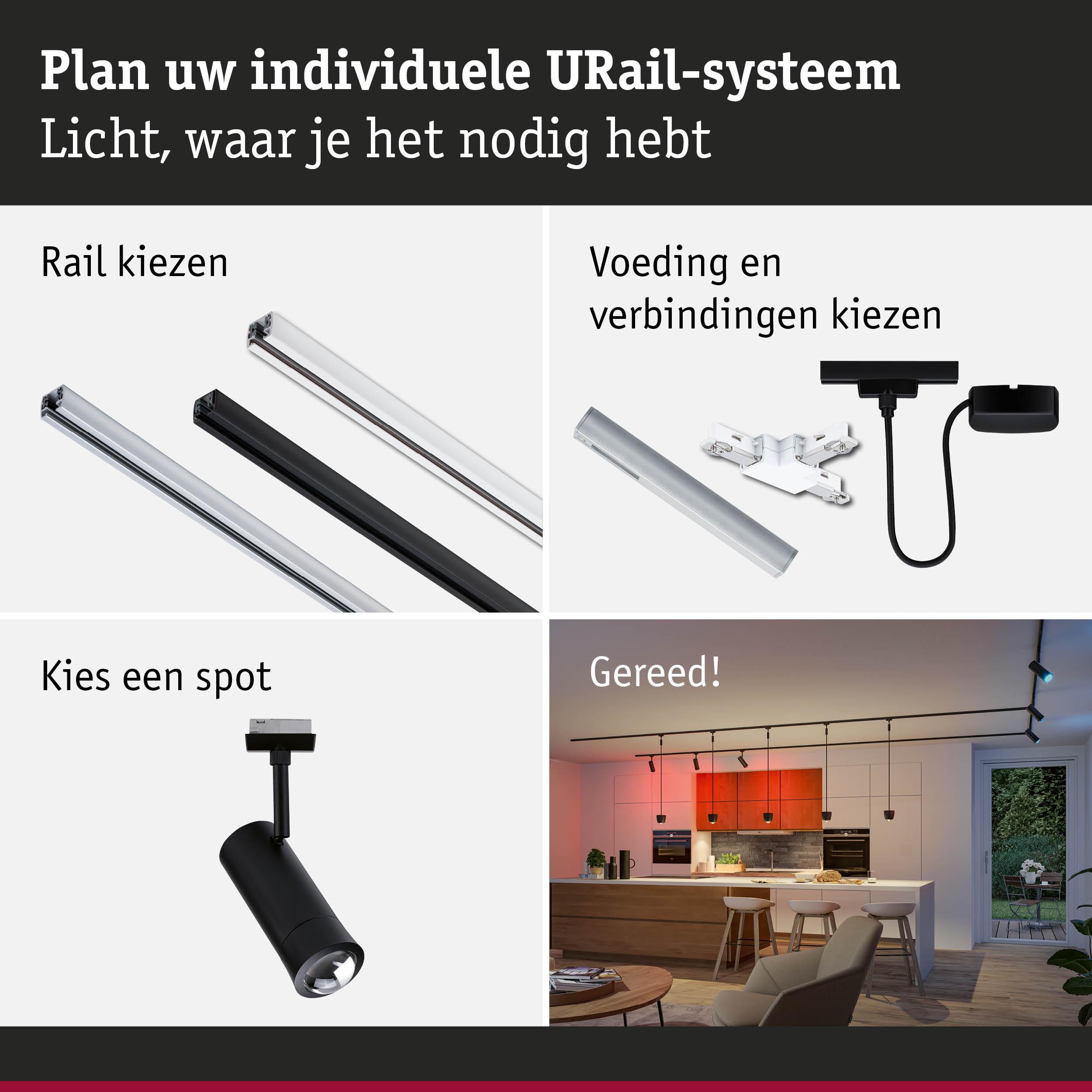 Modulair URail-systeem met zwarte en witte rails, stroomaansluitingen en zwarte spot voor woonverlichting