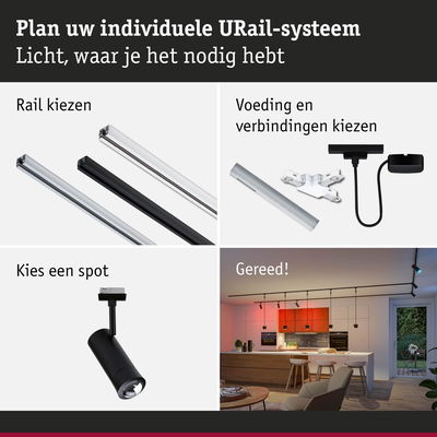 Modulair URail-systeem met zwarte en witte rails, stroomaansluitingen en zwarte spot voor woonverlichting