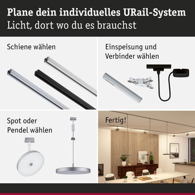 Anleitung zur Planung eines URail-Systems mit Schienen, Einspeisung, Spots und Pendelleuchten in modernem Esszimmer