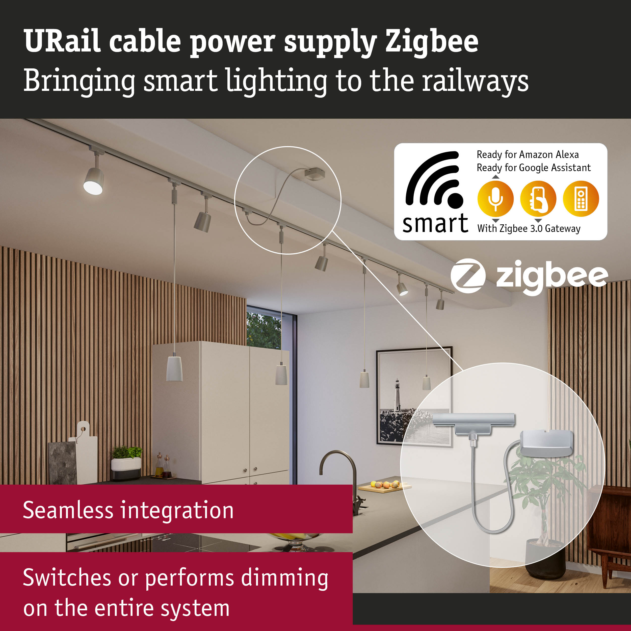 URail cable power supply Zigbee for smart lighting compatible with Amazon Alexa and Google Assistant