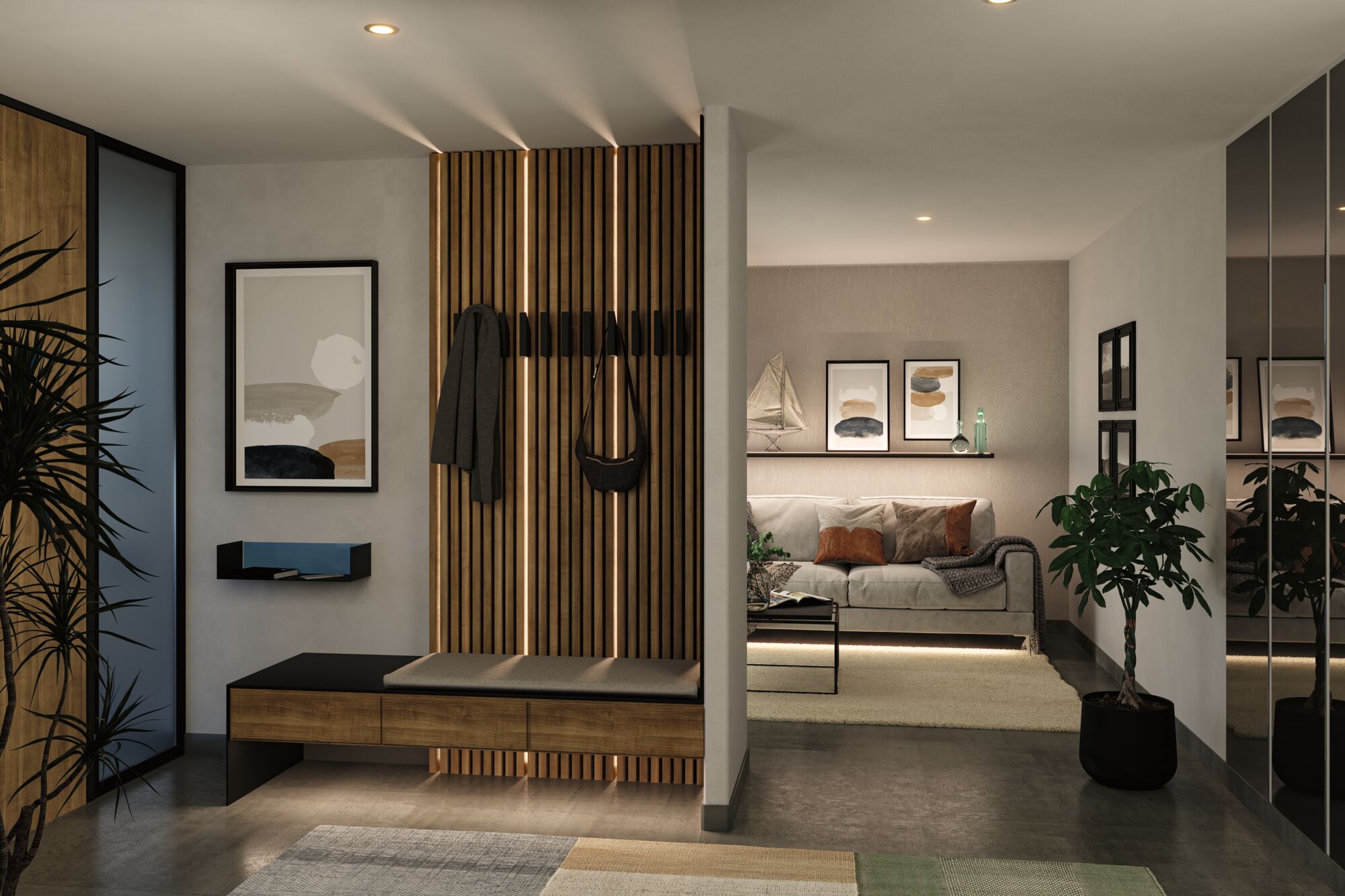 Modern living room with wooden panel, bench, and indirect LED lighting for stylish interior design.