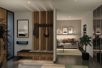 Salon moderne avec panneau en bois, banc et éclairage LED indirect pour une décoration élégante.