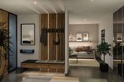 Moderne woonkamer met houten panelen, grijze bank en indirecte LED-verlichting voor een gezellige sfeer