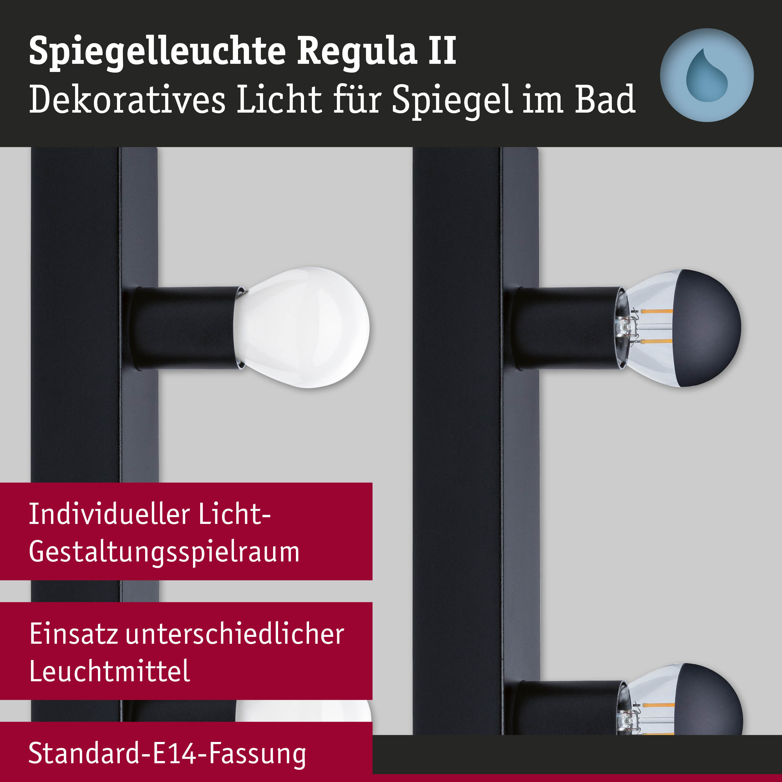 Schwarze Spiegelleuchte Regula II mit E14-Fassung und dekorativem Licht für Badezimmer.