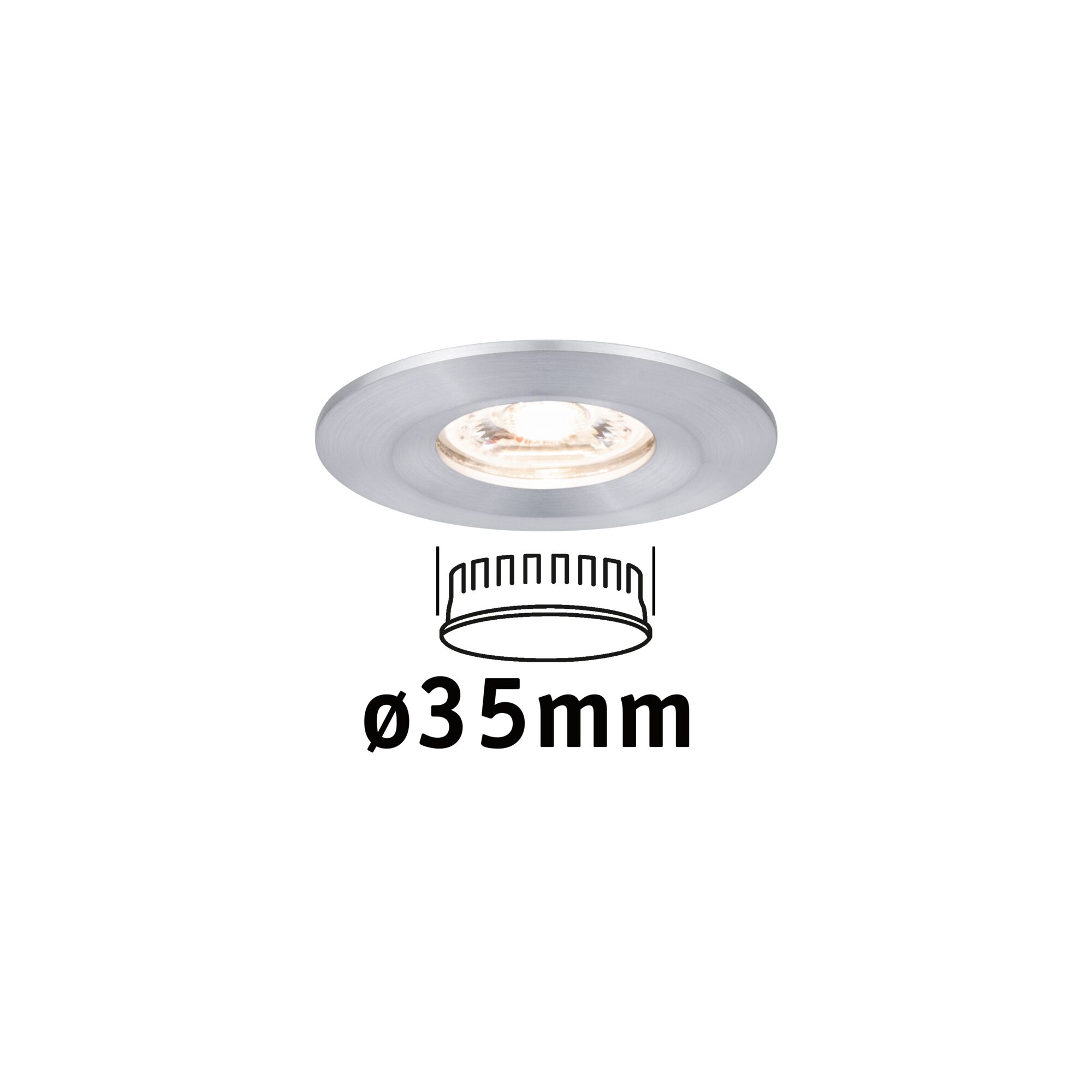 Spot encastré LED Nova Mini Coin Luminaire individuel fixe IP44 rond 65mm Coin 4W 310lm 230V 2700K Alu tourné Spot encastré rond en aluminium brossé argenté de 35 mm de diamètre pour éclairage LED