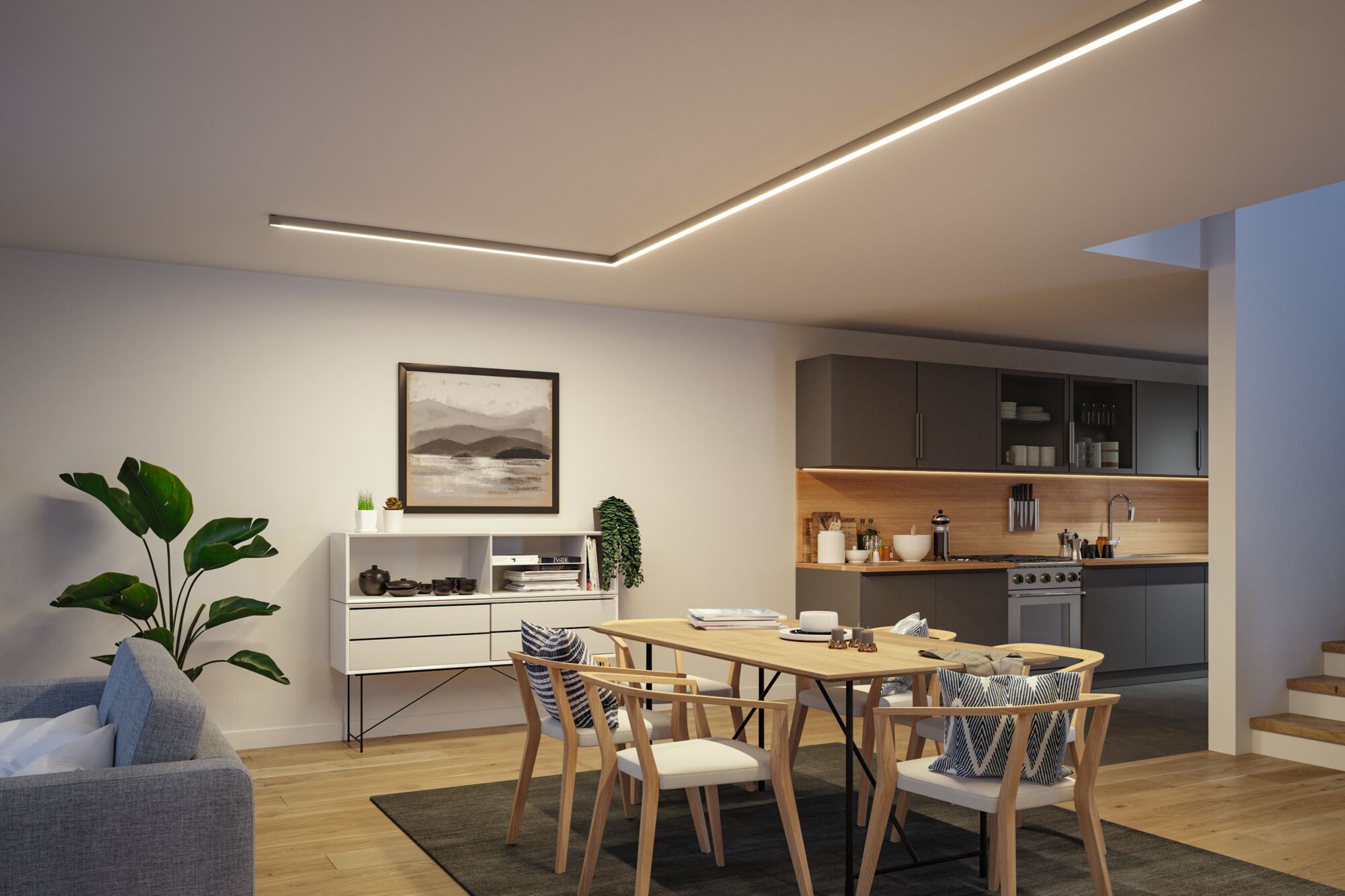 Moderne eetkamer met houten stoelen en warmwit LED-plafondlicht voor stijlvolle verlichting