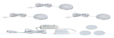 Set van drie ronde LED-inbouwlampen van zilverkleurig aluminium met voeding en plakpads