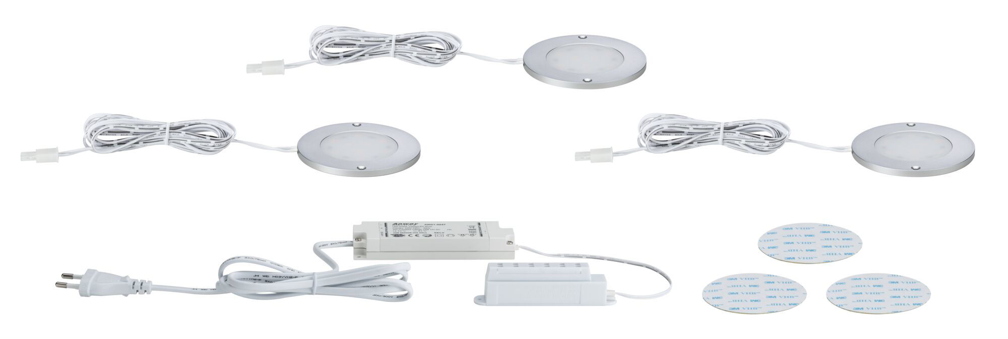 Set mit drei runden LED-Einbauleuchten aus Aluminium in Silber mit Netzteil und Klebepads