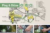 Montageanleitung für Plug & Shine Außenbeleuchtung mit Steckverbindungen und Trafo im Gartenbereich.