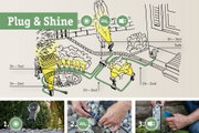 Guide d'installation pour éclairage extérieur Plug & Shine avec connexions et transformateur dans jardin.