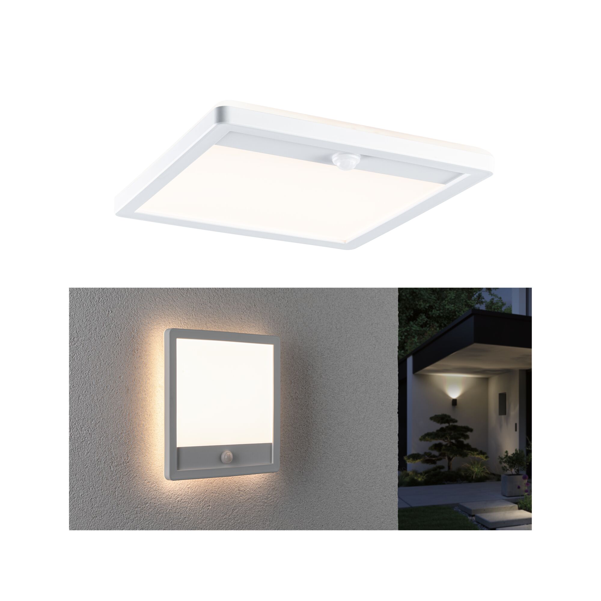 LED Exterior panel Lamina Backlight Twilight-controlled motion detector (IR) seawater resistant IP44 angular 250x250mm 3000K 14,5W 950lm 230V White Plastic White square LED ceiling light and wall lamp with motion sensor for outdoor use
