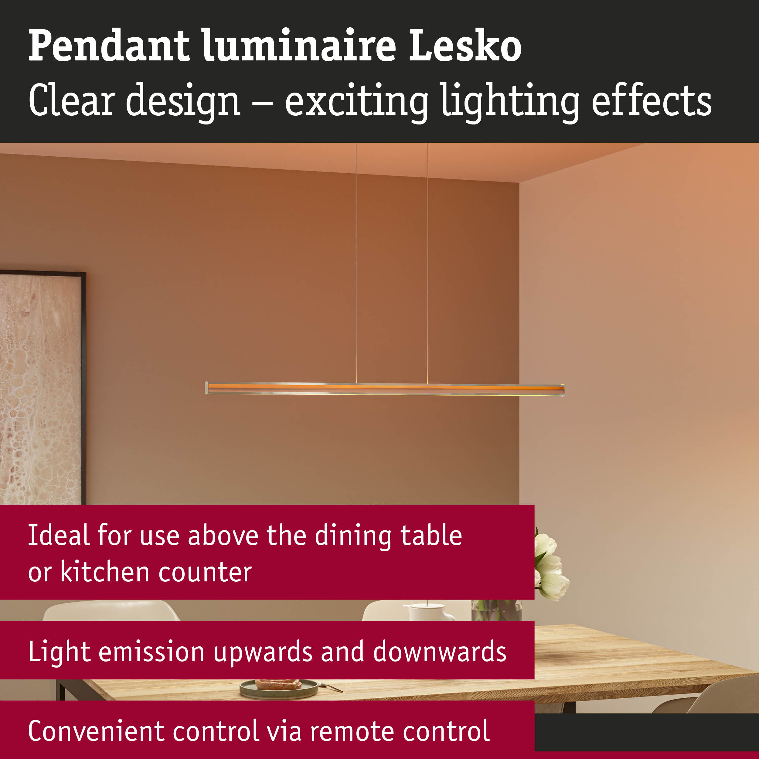 Lesko pendant luminaire in gold metal with warm white light, perfect for dining room and kitchen lighting
