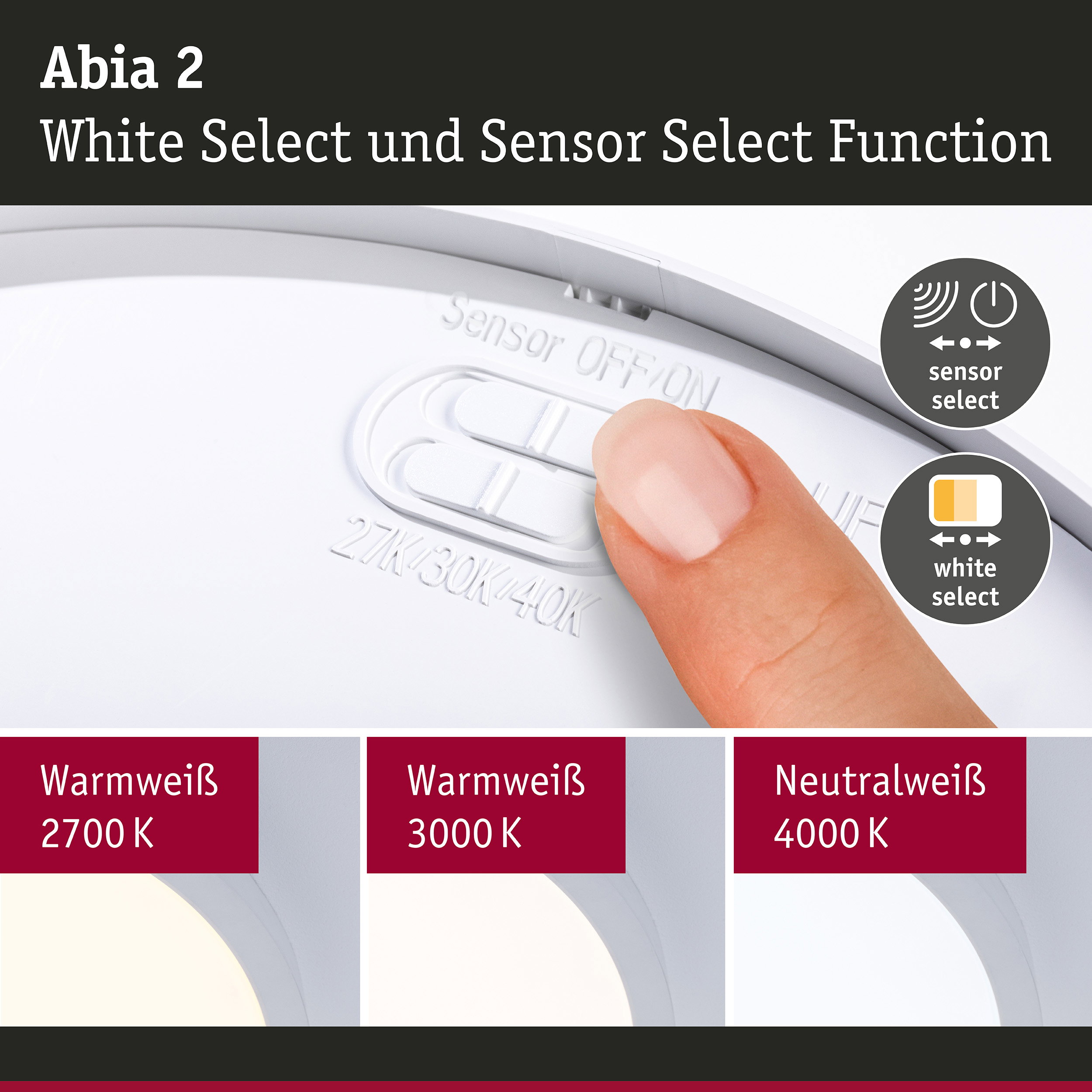 Abia 2 LED-Deckenleuchte mit Weißauswahl und Sensorfunktion, dimmbar in Warmweiß, Neutralweiß, Tageslichtweiß