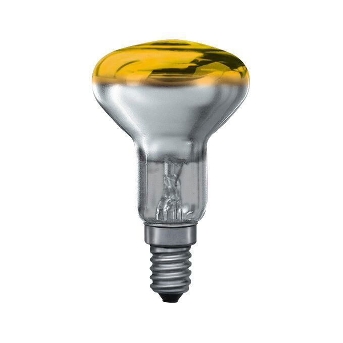 Reflector bulb with yellow coating and E14 base made of glass for decorative lighting