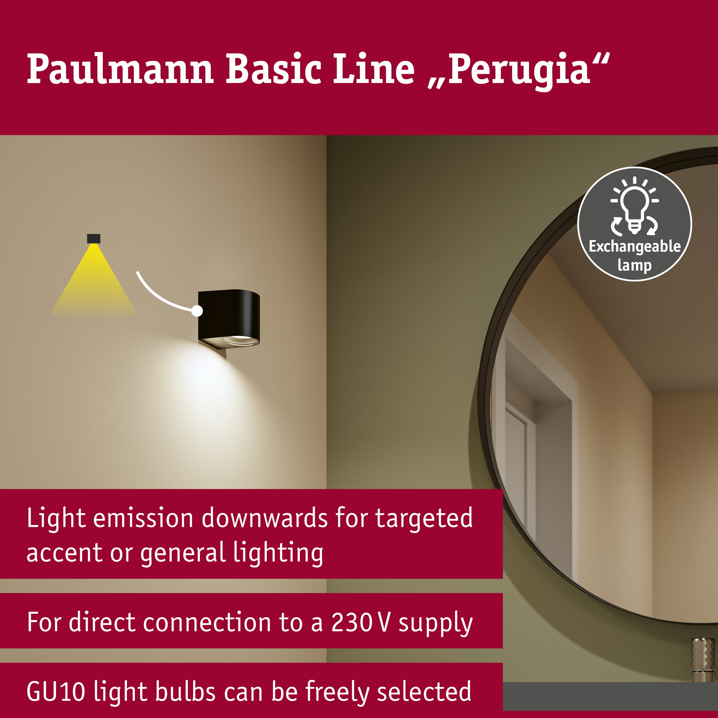 Wall light Perugia IP44 GU10 230V max. 10W Black matt