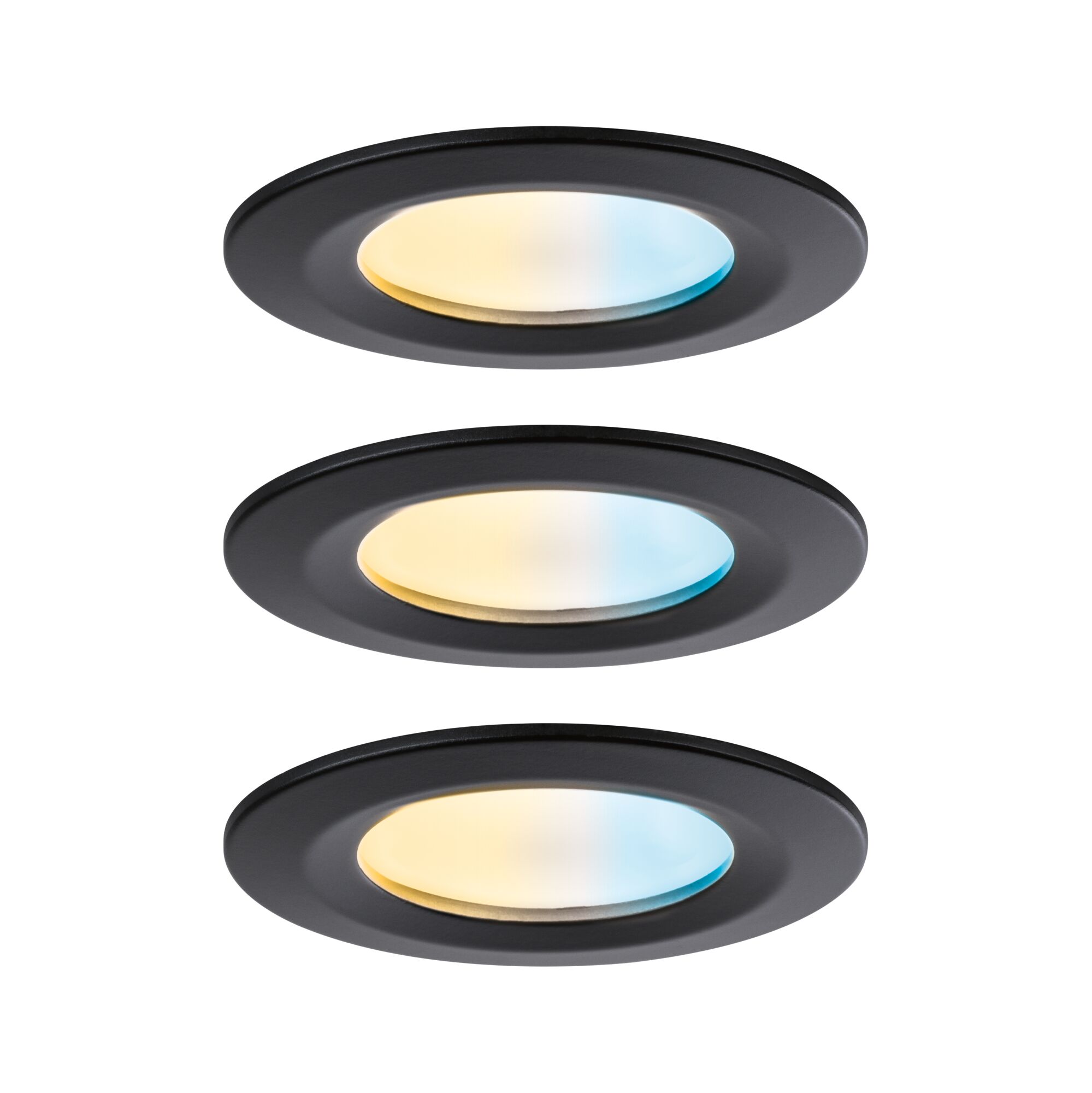 Trois spots encastrés LED noirs avec lumière blanche chaude et froide réglable pour intérieur.
