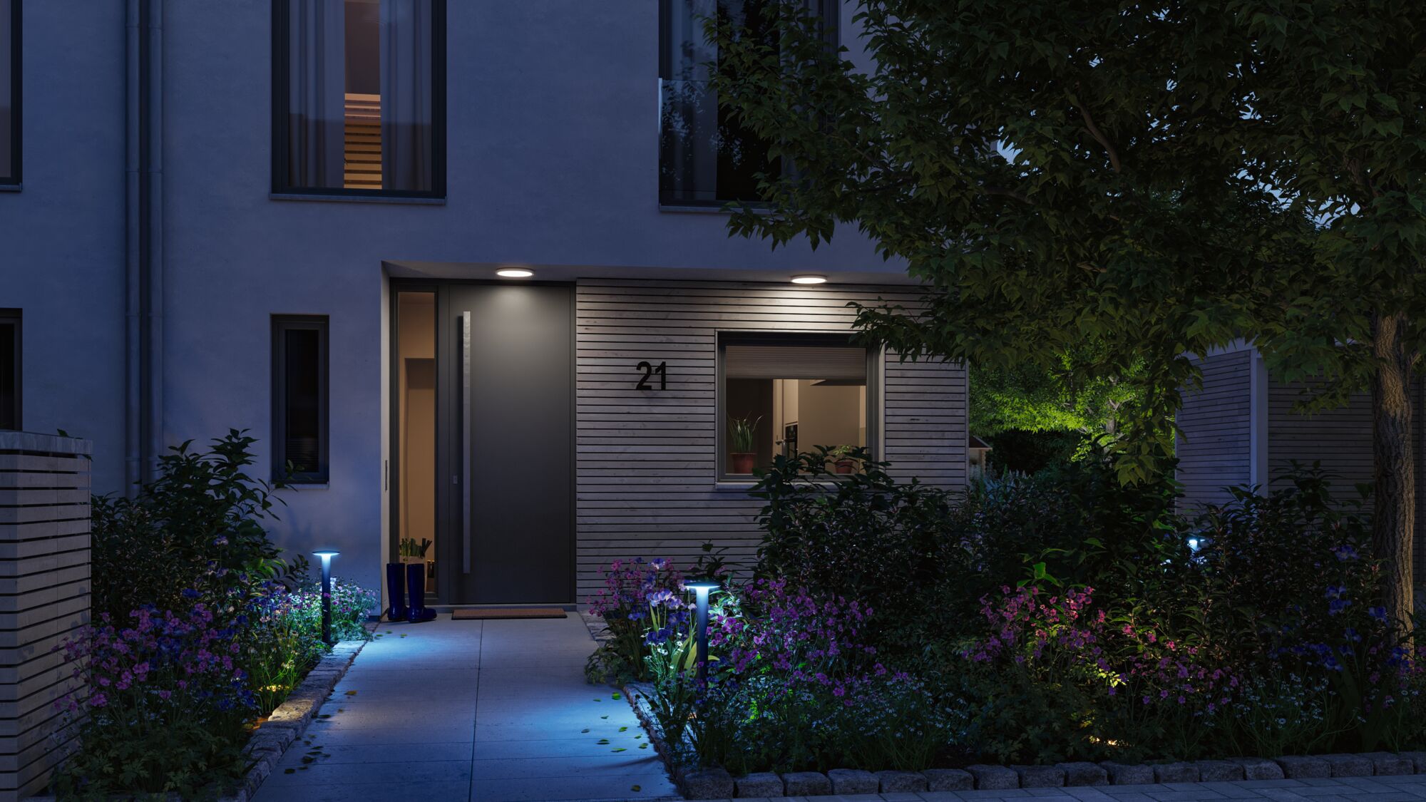 Moderne huisentree met grijze deur en LED-padverlichting die kleurrijke tuinbloemen 's nachts verlicht.