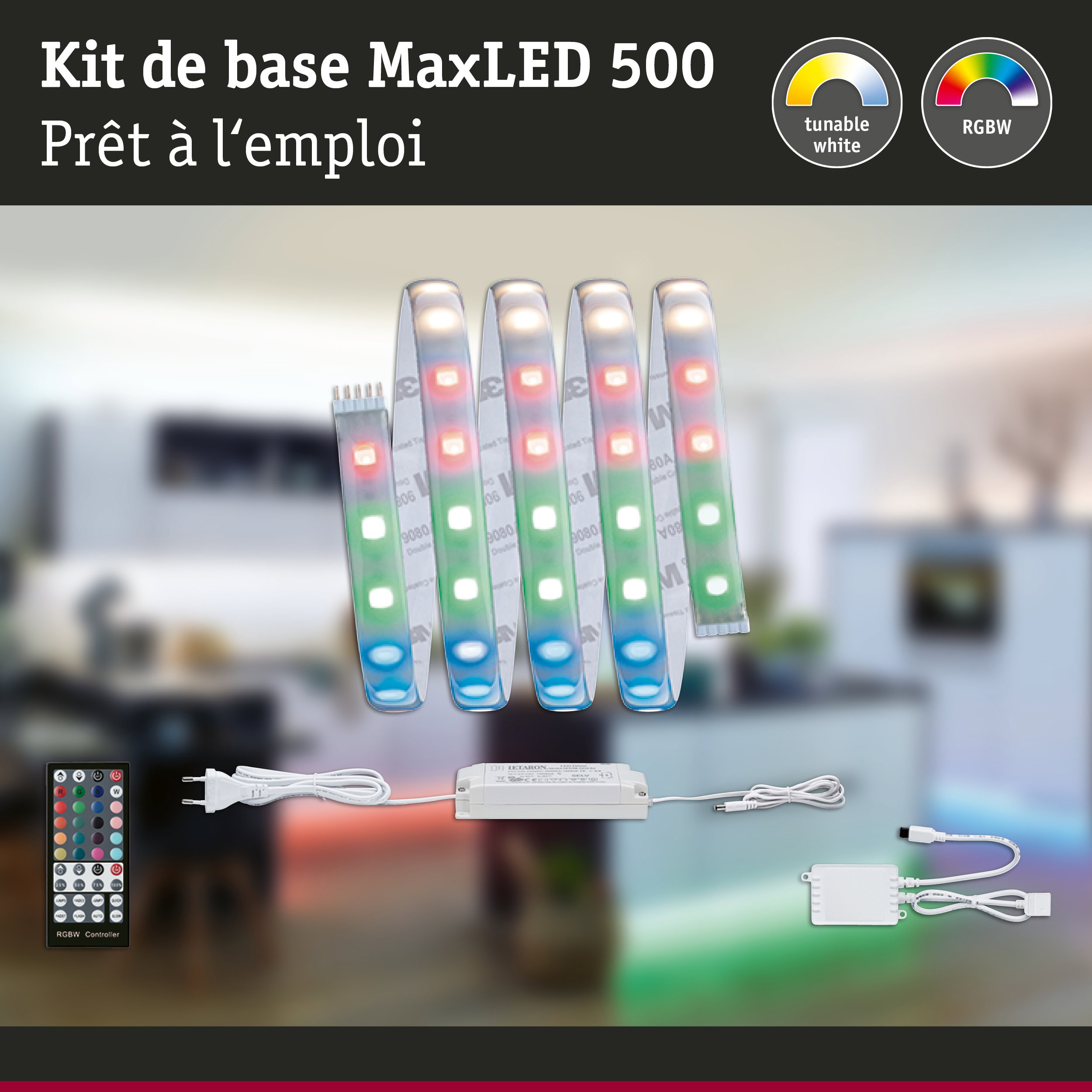 Kit bande LED MaxLED 500 RGBW avec lumière blanche réglable et télécommande pour éclairage polyvalent