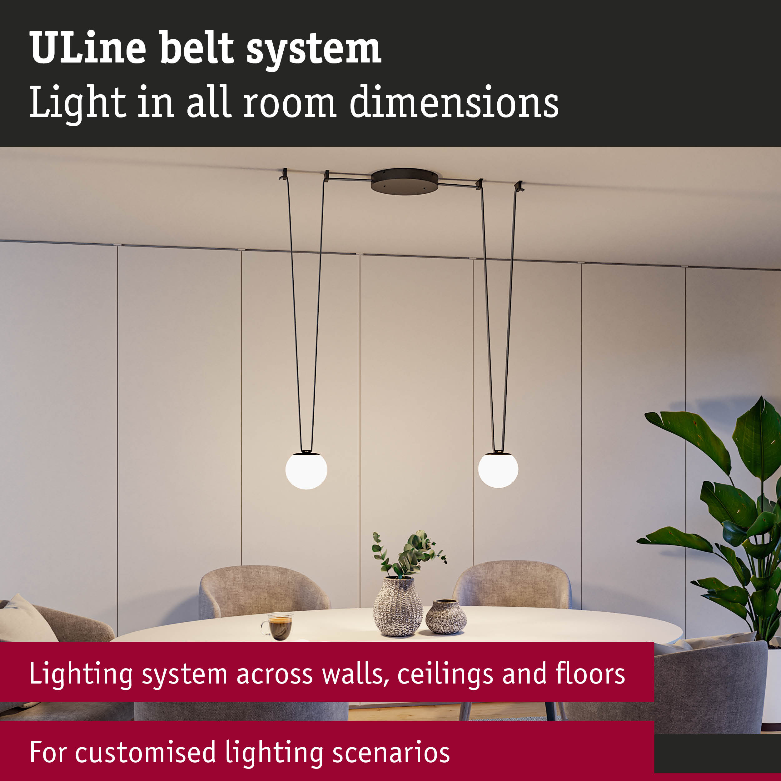 Modern ULine lighting system with black cables and white globe lamps above dining table in living room