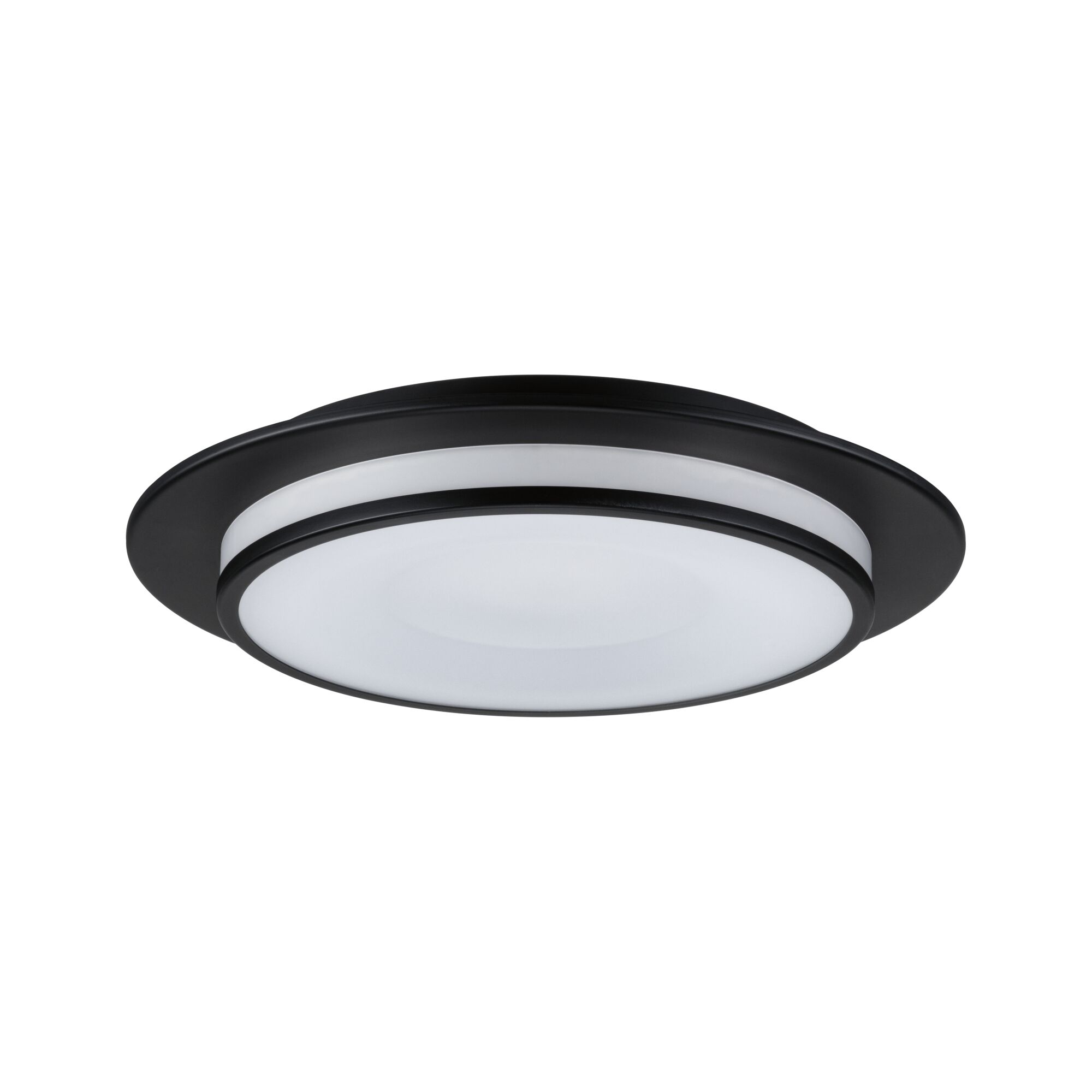 Round LED ceiling light with black metal frame and white diffuser for modern room lighting