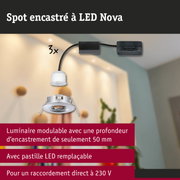 Spot encastré LED Nova modulable blanc avec profondeur d'encastrement de 50 mm et pastille LED remplaçable