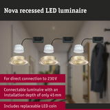 Nova recessed LED luminaire in gold with direct 230V connection, 45 mm installation depth, and replaceable LED coin.