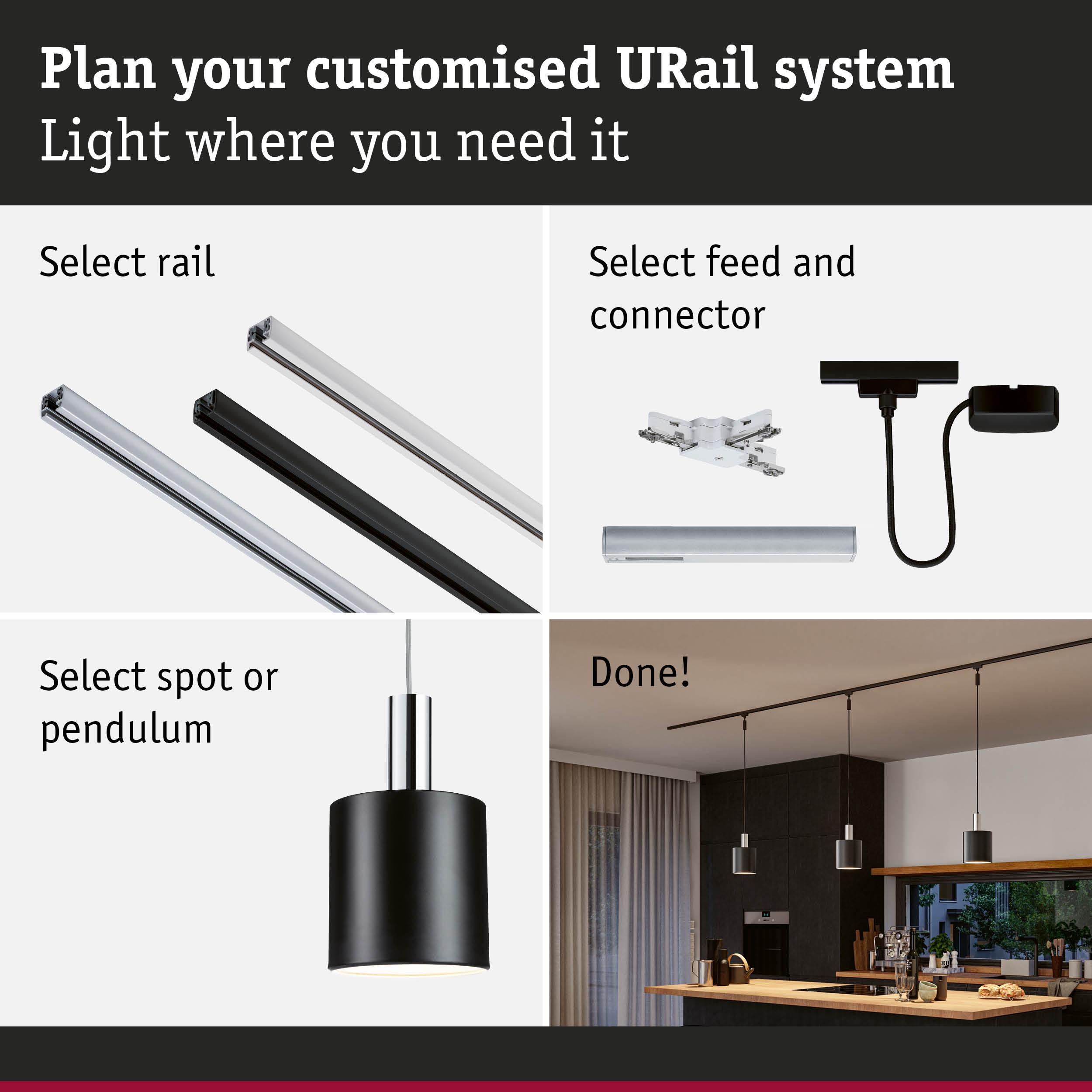 Step-by-step guide to plan a URail lighting system with black and silver rails and pendant spotlights