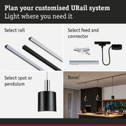 Modular URail track system with black and white rails, connectors, and pendant lights for customizable lighting