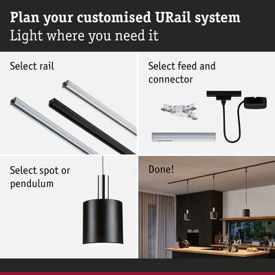 Step-by-step guide to plan a URail lighting system with black and silver rails and pendant spotlights
