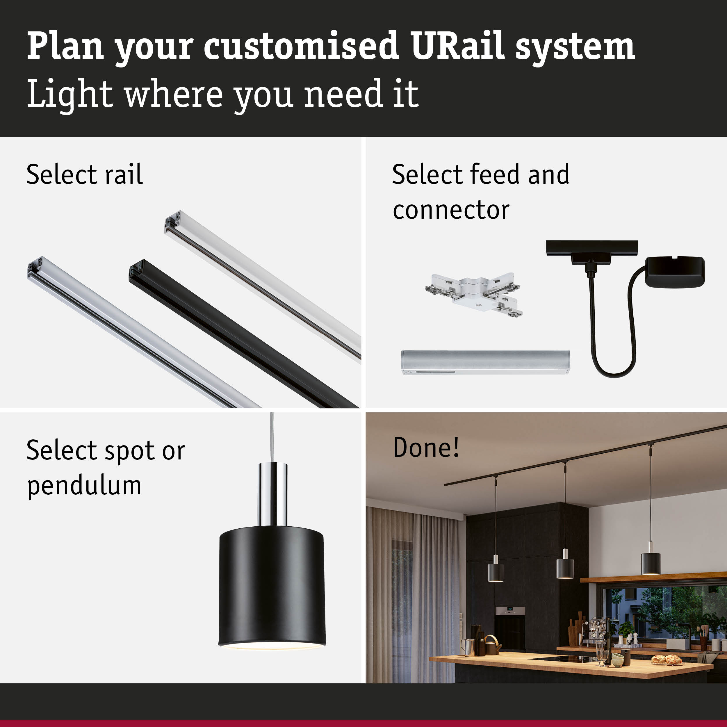 Modular URail track system with black and white rails, connectors, and pendant lights for customizable lighting