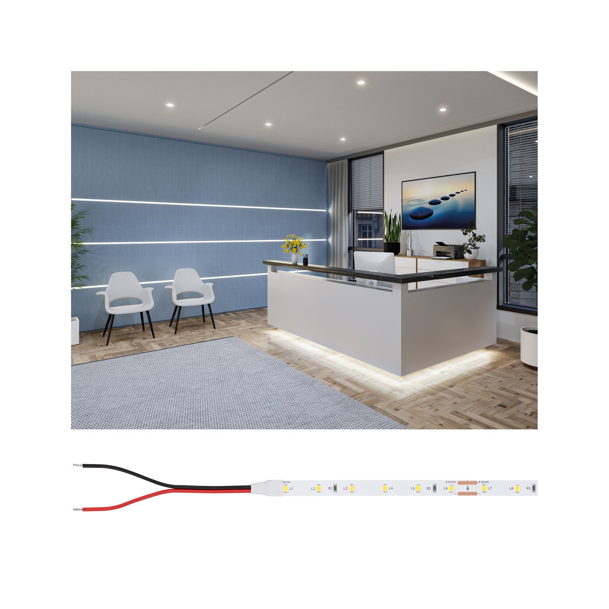 Bureau moderne avec comptoir d'accueil blanc, mur bleu et éclairage LED au plafond pour espace de travail