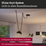 Schwarzes ULine Gurt-System mit Hängeleuchte in moderner Küche für individuelle Lichtinszenierungen