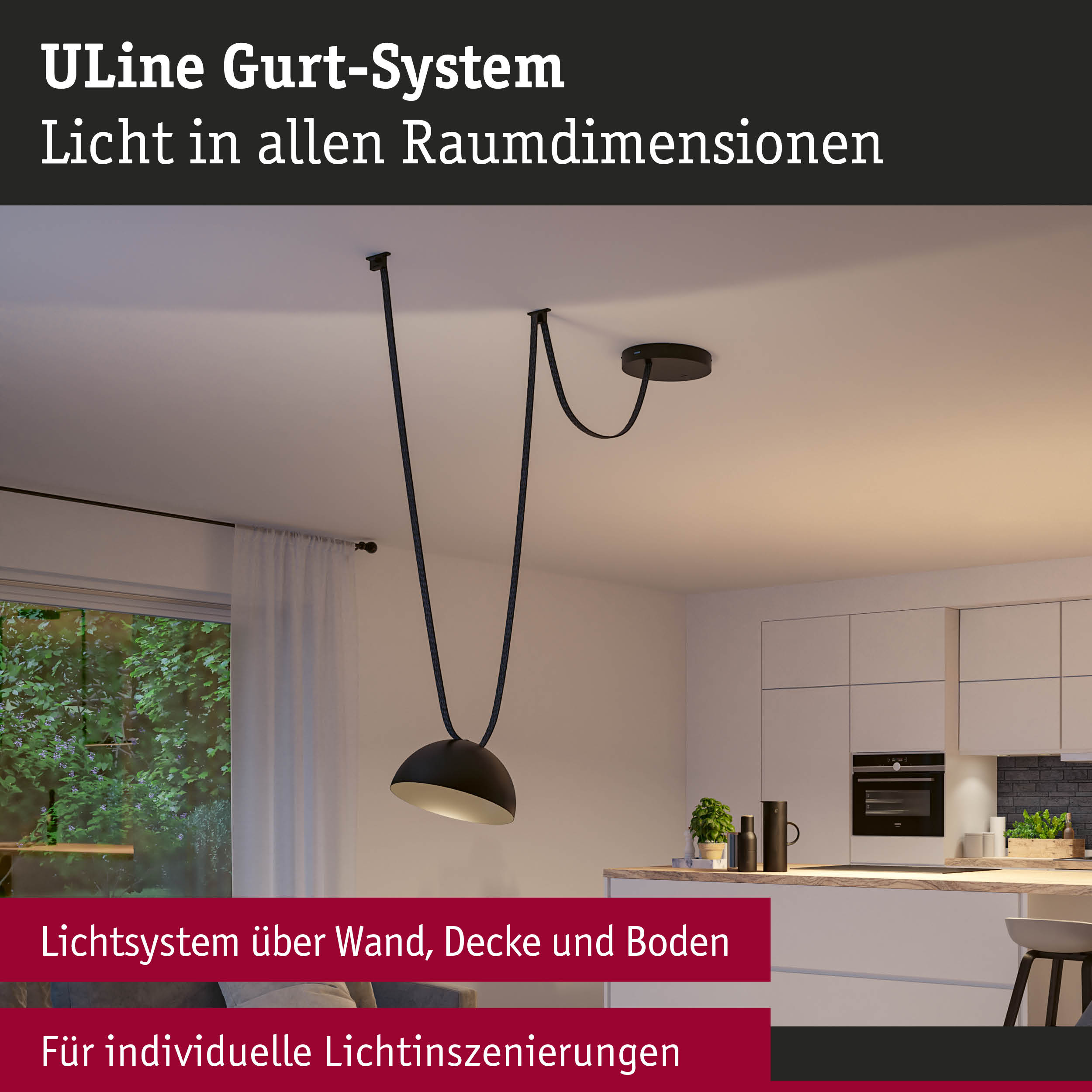 Schwarzes ULine Gurt-System mit Hängeleuchte in moderner Küche für individuelle Lichtinszenierungen