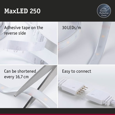 MaxLED 250 LED strip with protective cover, 30 LEDs per meter, adhesive tape, cuttable and easy to connect