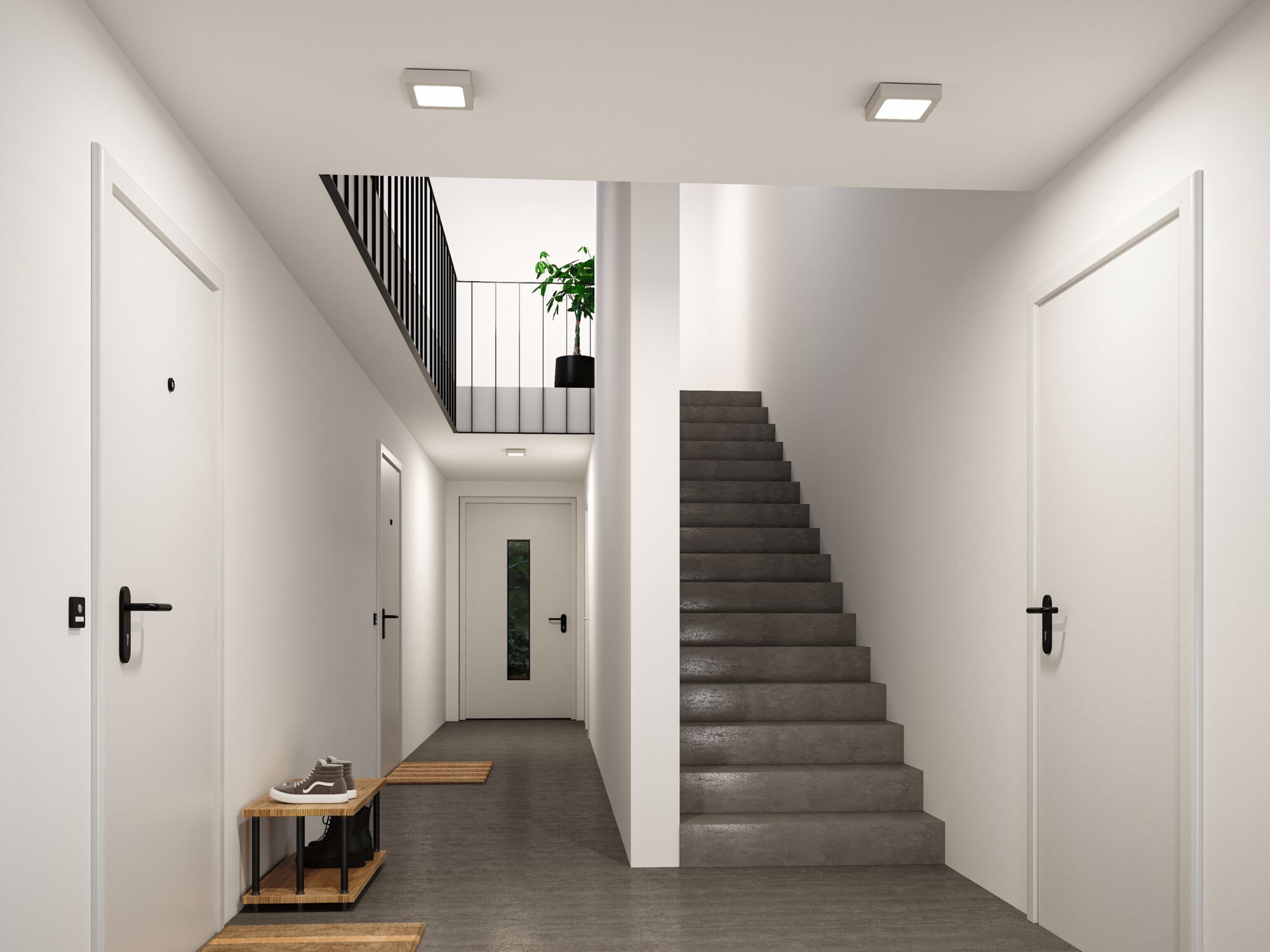 Couloir moderne avec sol gris, portes blanches et deux plafonniers carrés en métal et plastique