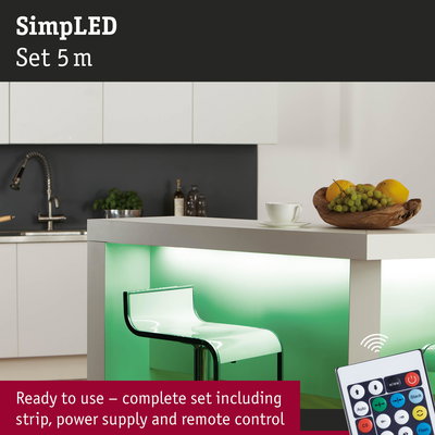 5m LED strip light set with remote and power supply, green under-counter kitchen lighting for ambient effect