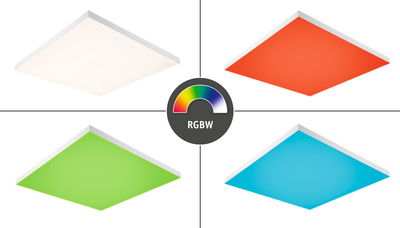 Vier weiße LED-Panels in Weiß mit RGBW-Farbwechsel für moderne Raumbeleuchtung