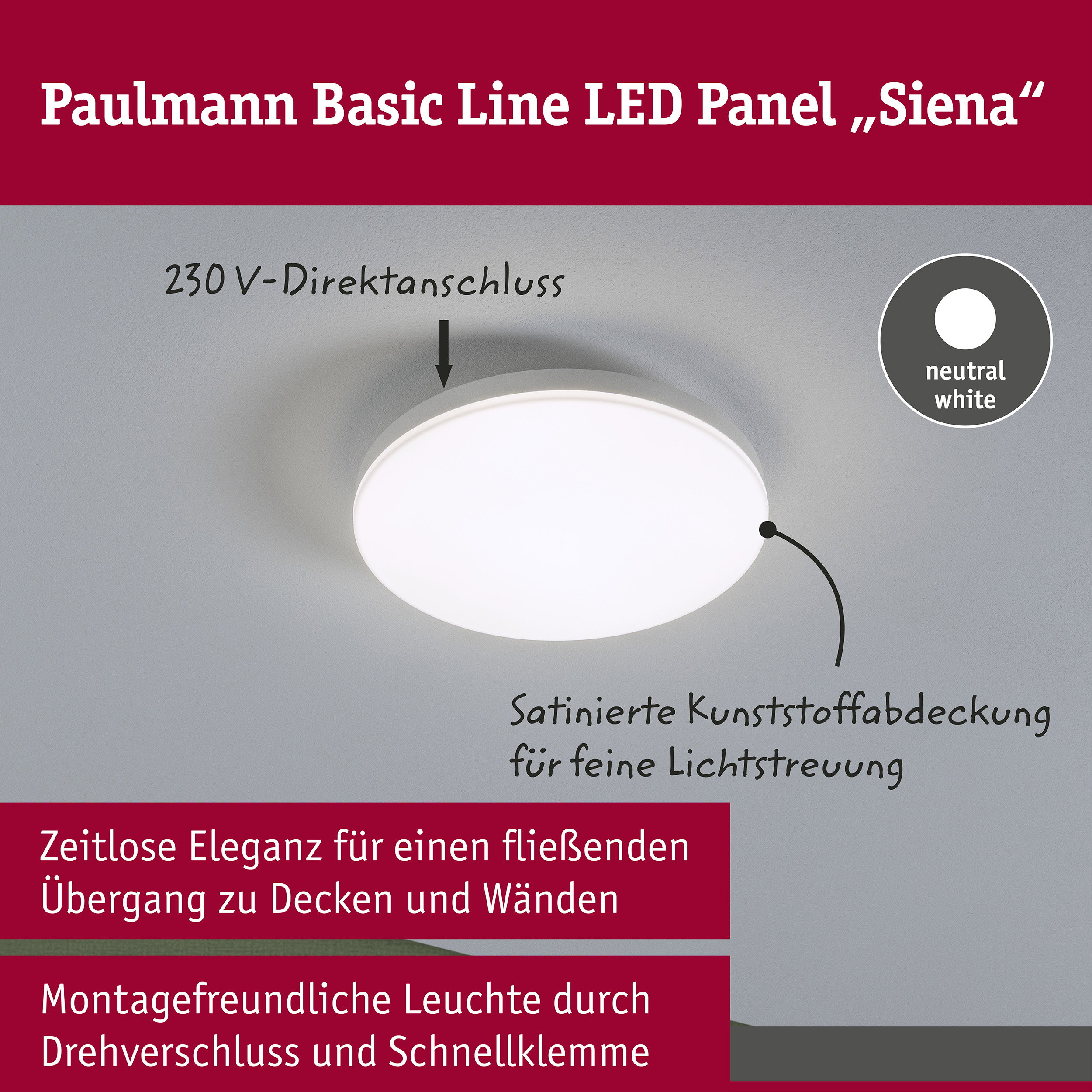 LED Deckenleuchte Siena 4000K 220mm 1100lm 230V 12,3W