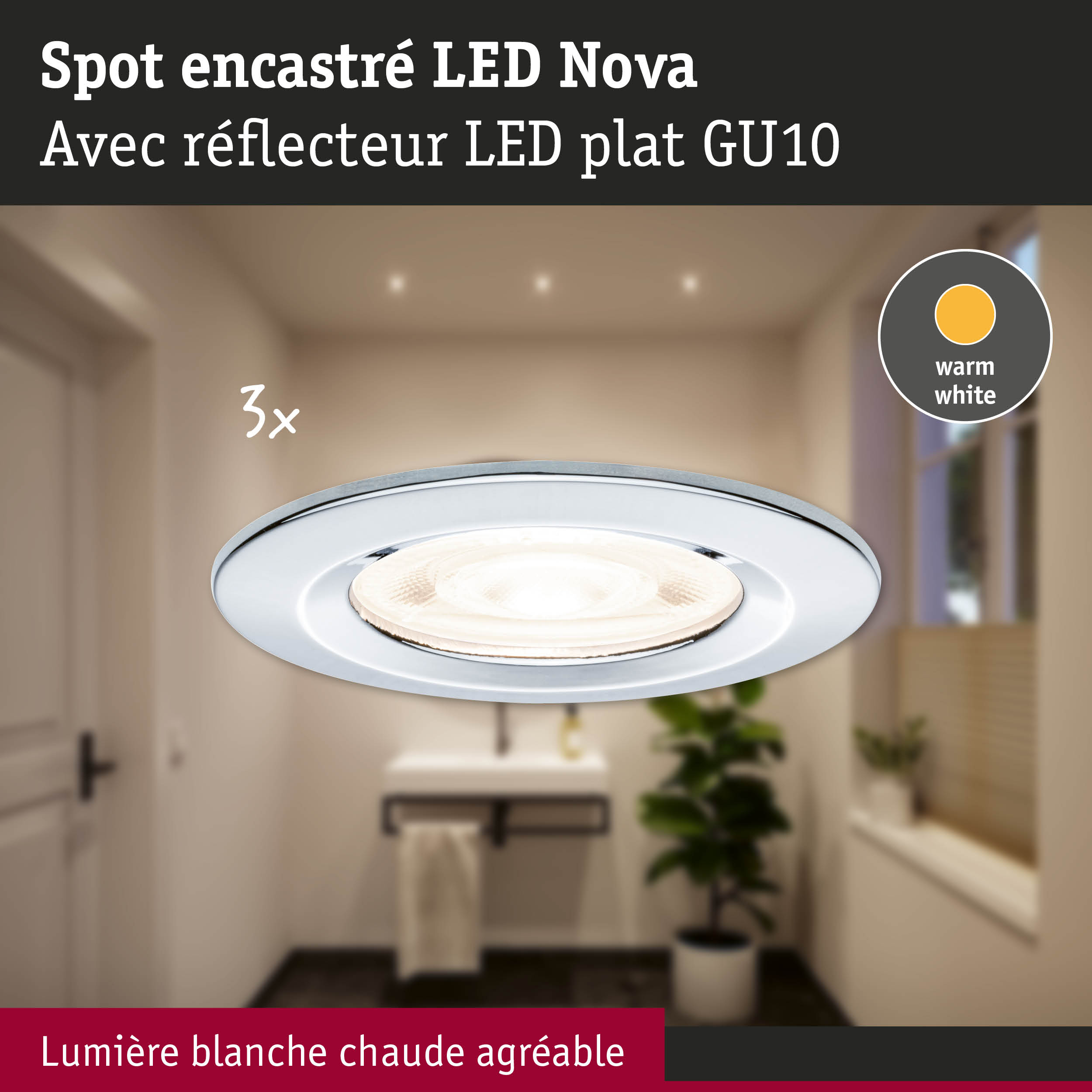 Spot encastré LED Nova avec réflecteur LED plat GU10 blanc pour lumière blanc chaud
