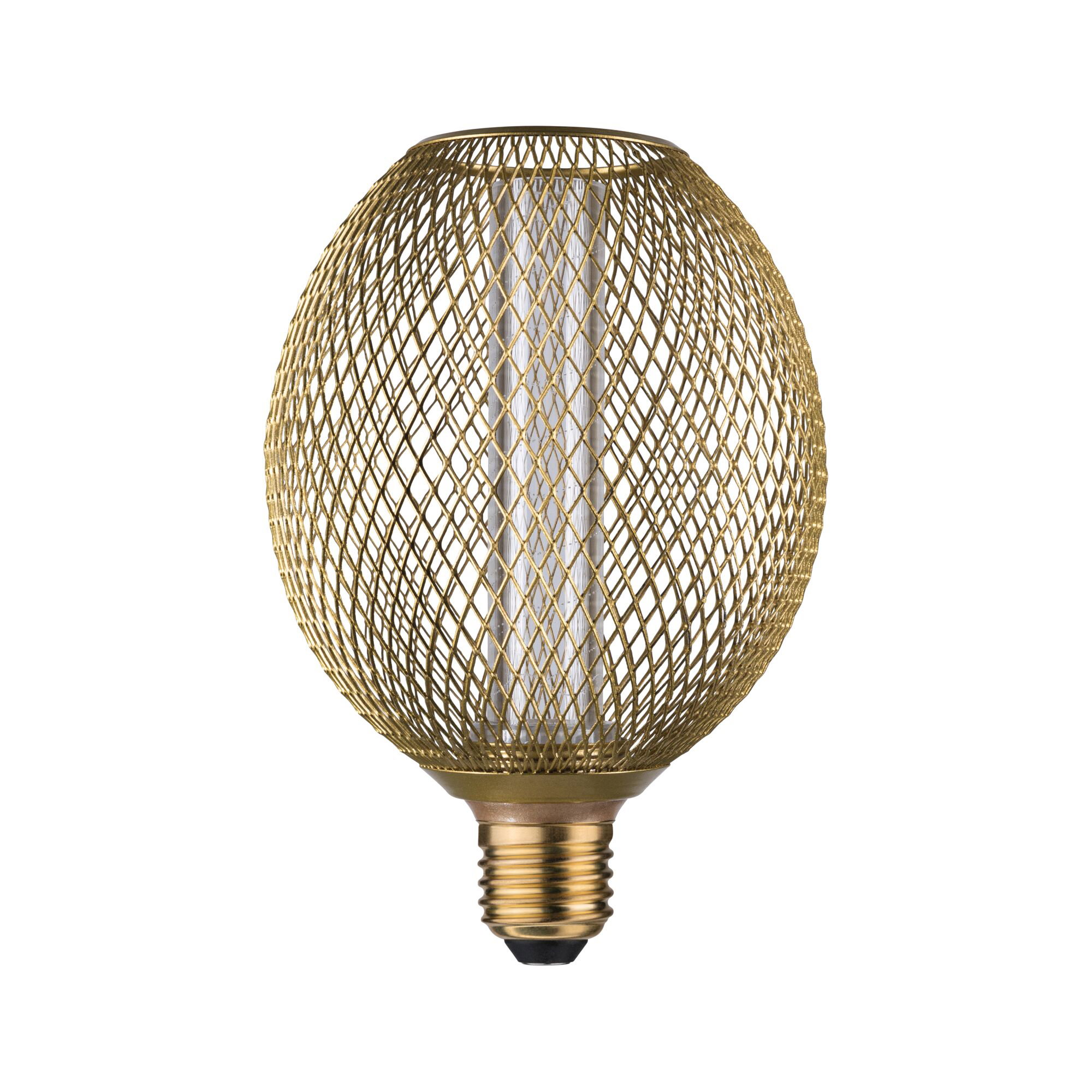 Goldfarbene LED-Lampe mit dekorativem Metallgitter und E27-Fassung für stilvolle Beleuchtung
