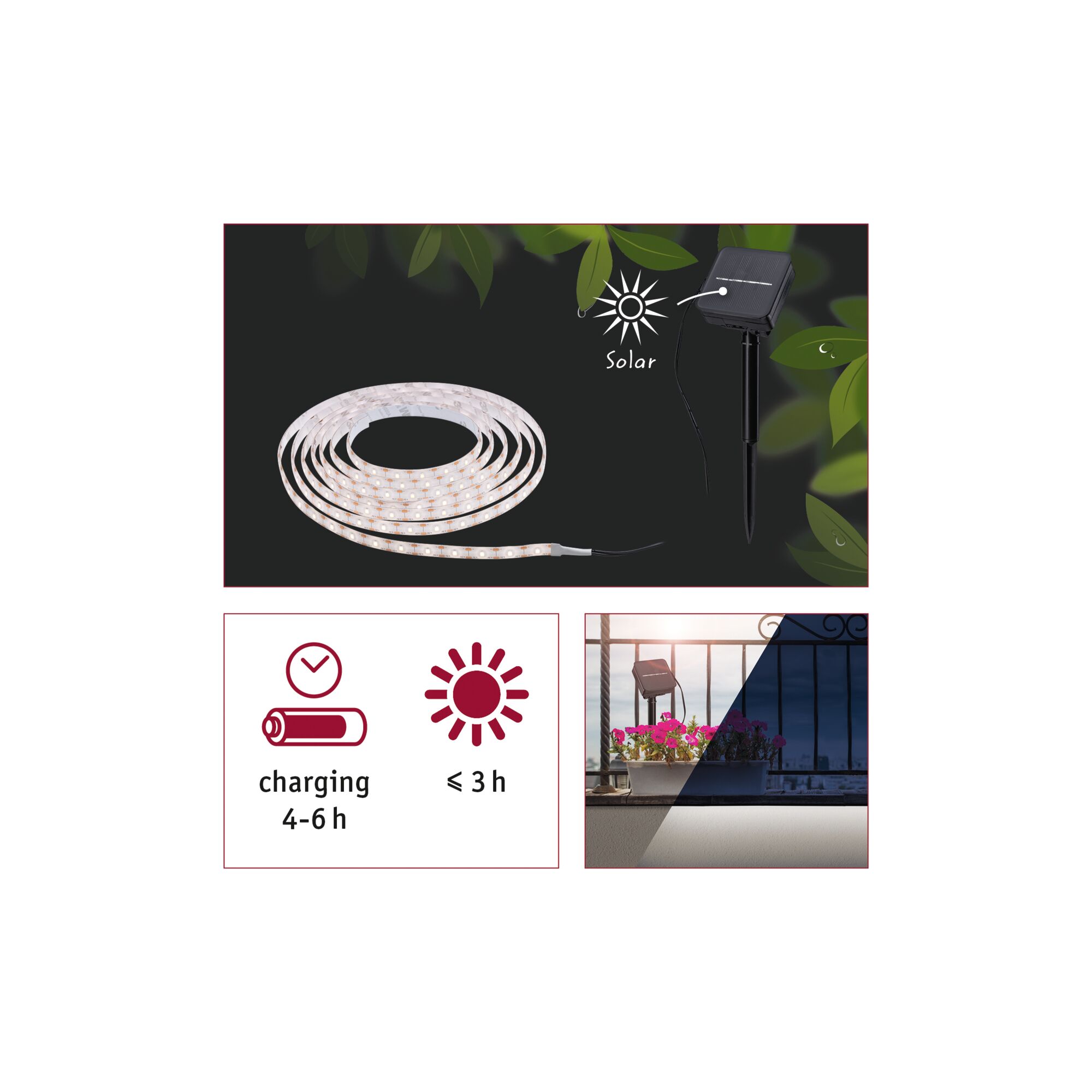 Solar-powered LED strip light with black solar panel and charging time info for outdoor lighting.