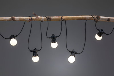 Lichterkette mit fünf warmweißen LED-Glühbirnen an schwarzem Kabel, dekorativ an Ast gehängt