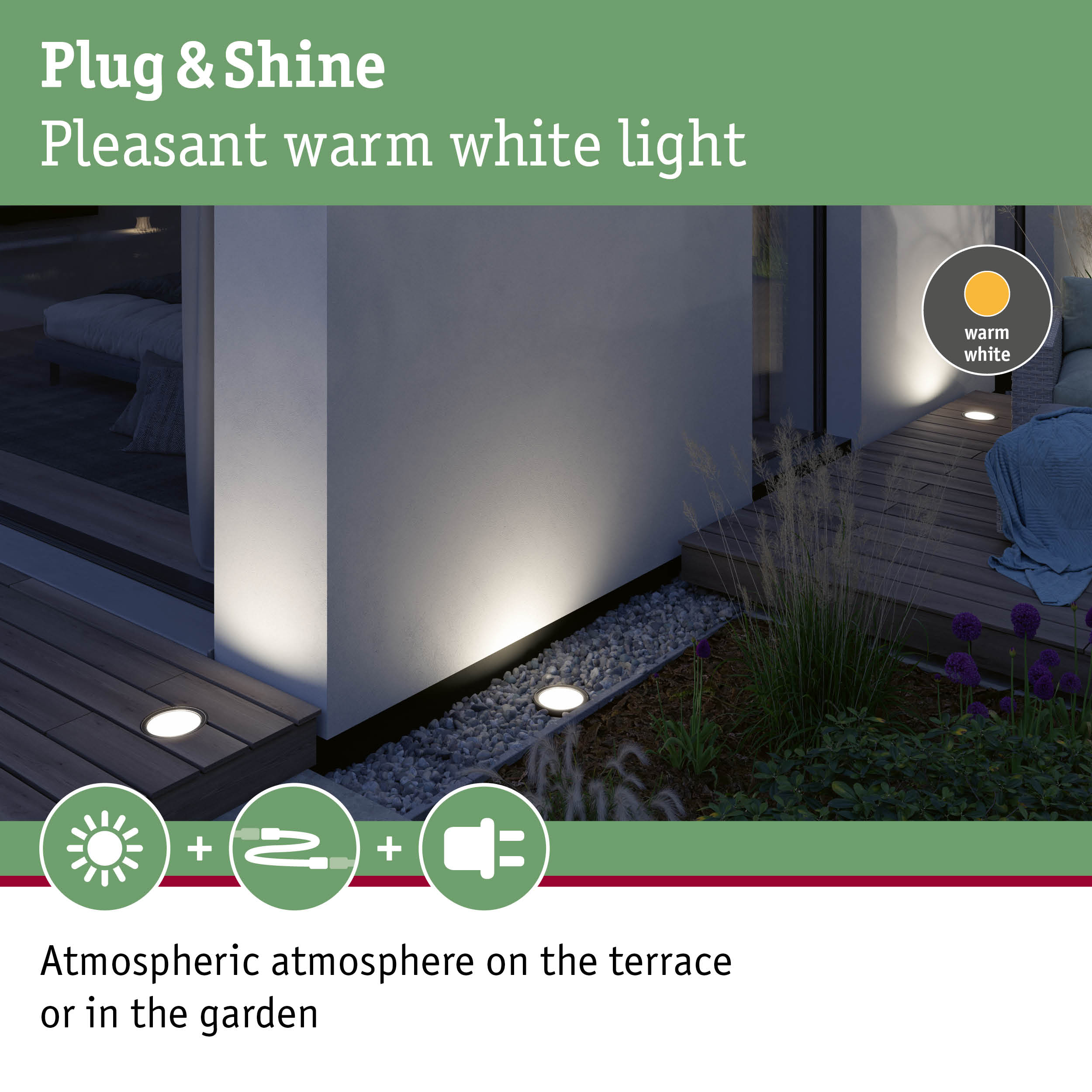 Plug & Shine LED ground light with warm white illumination for terrace and garden lighting